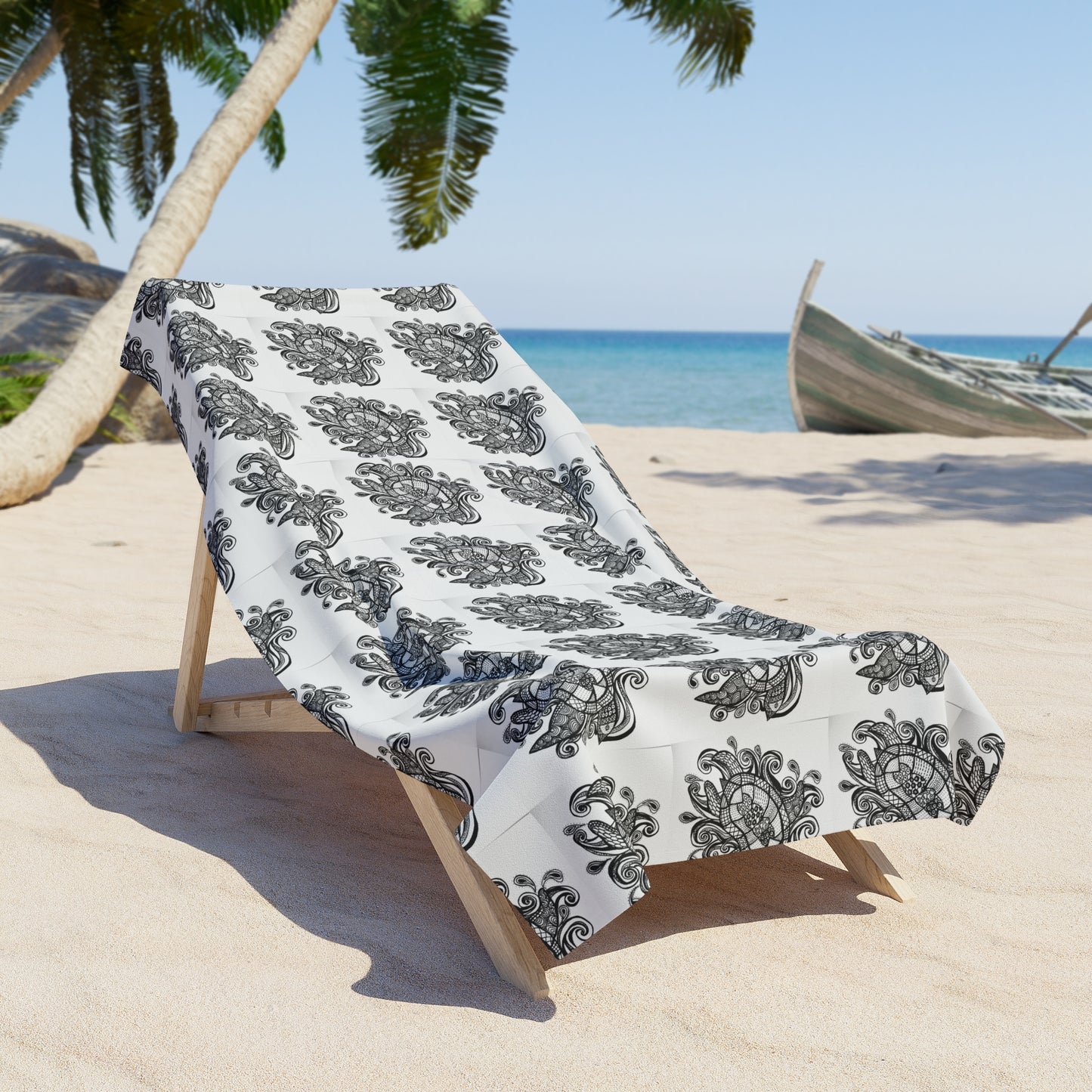 Black Floral Mandala Beach Towel