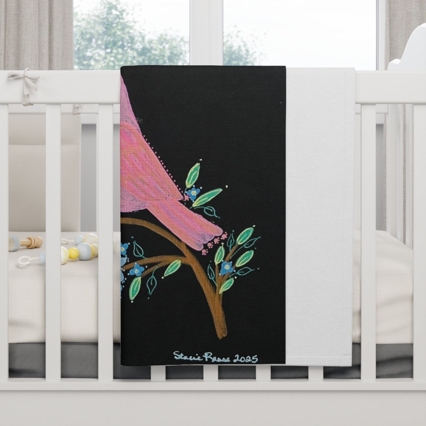 Baby Blanket - Pink Bird on Branch with 'Spread Your Wings and Soar' Floral Fleece