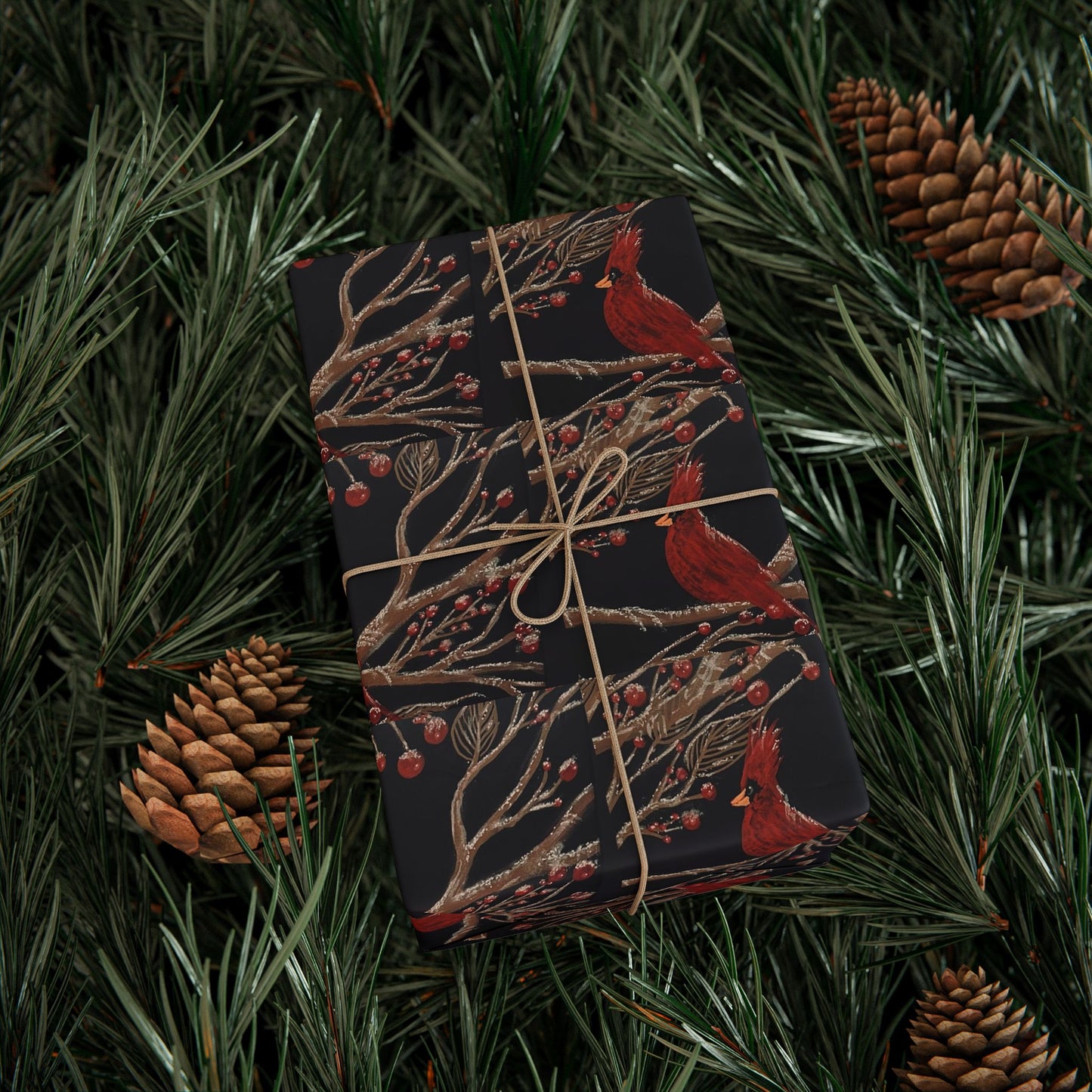Botanical Cardinal Wrapping Paper – Dark Vintage Bird Pattern