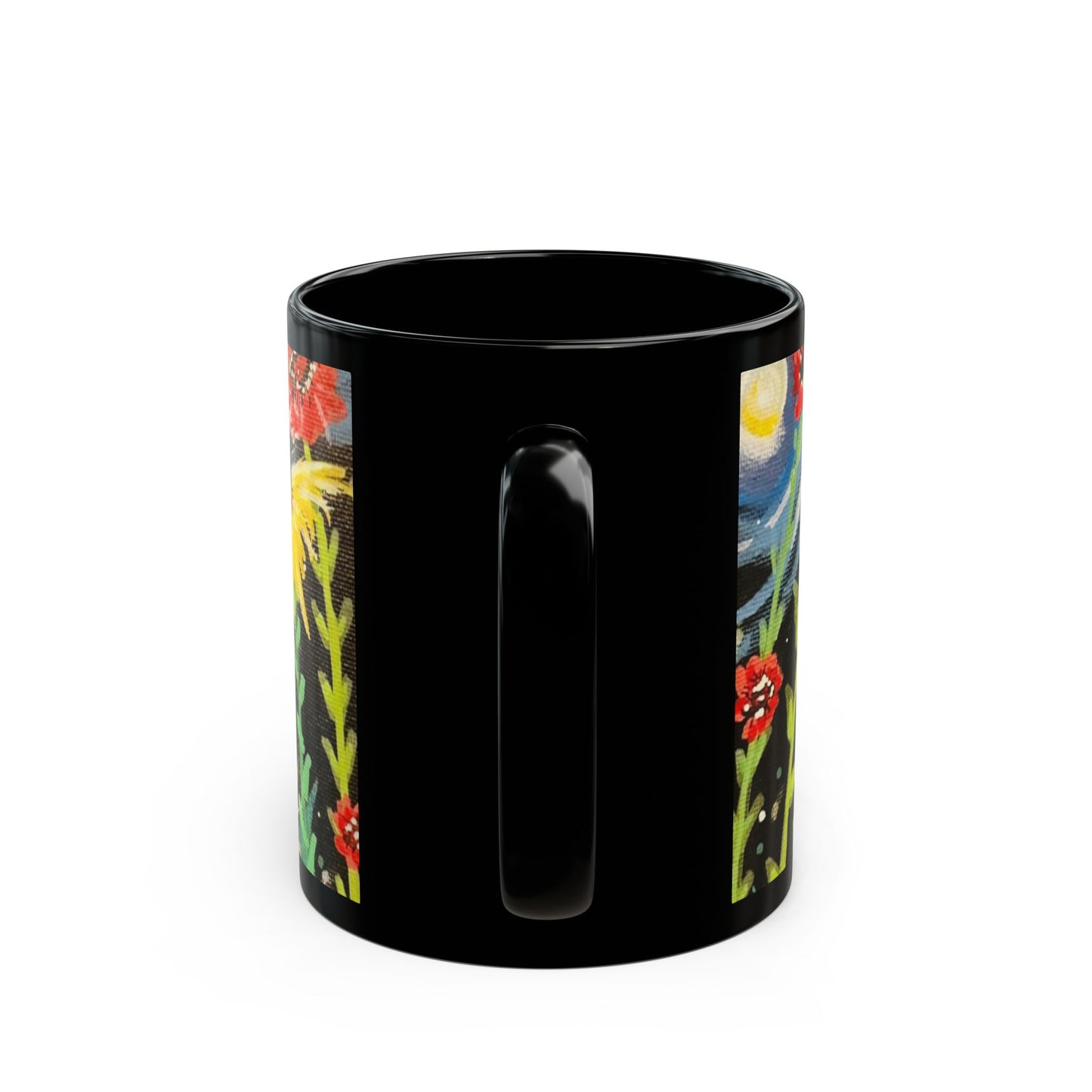 Starry Night Wildflower Black Mug – Floral Moonlight Coffee Cup (11oz & 15oz)