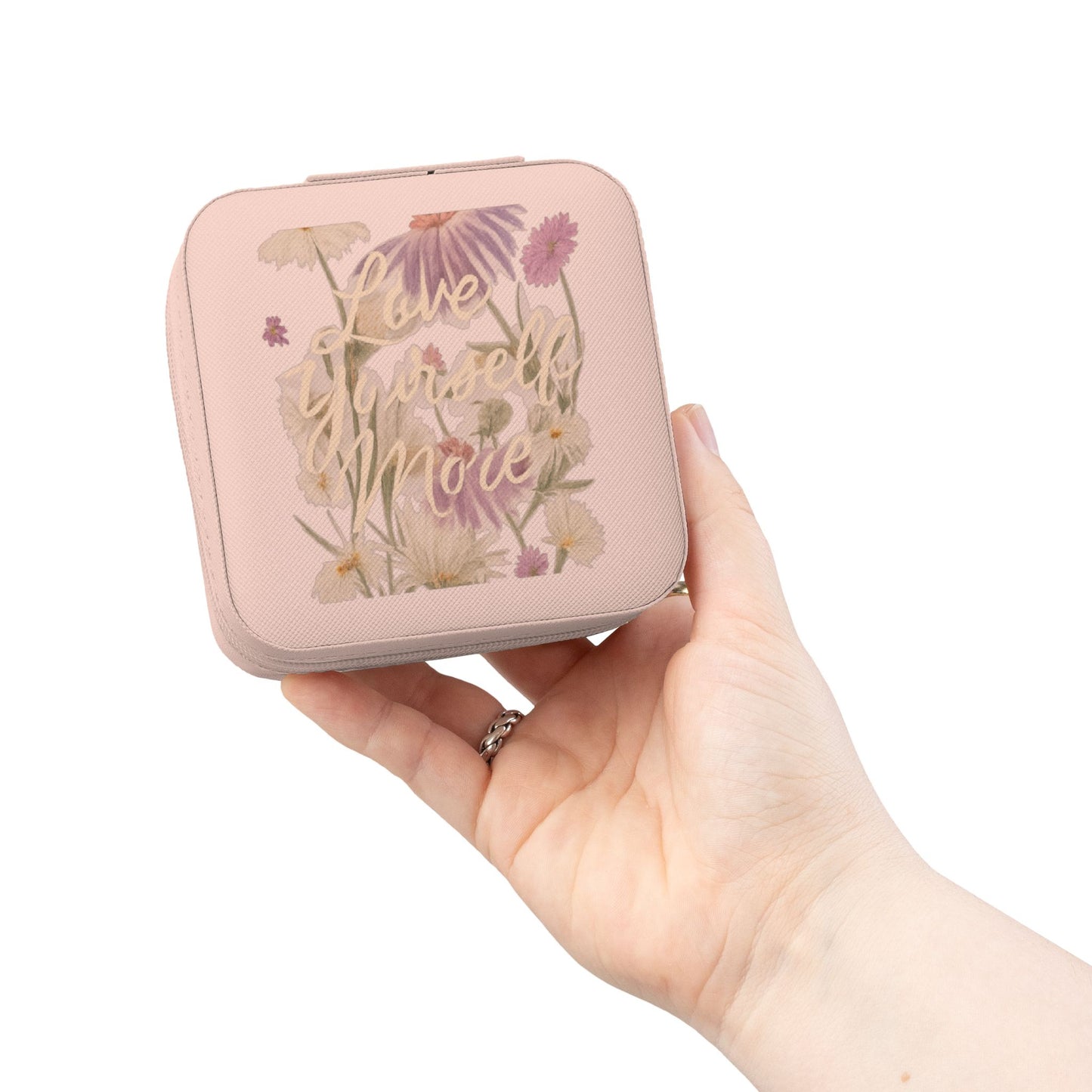 Floral 'Love yourself More' Compact Jewelry Travel Case — Portable Ring & Earring Organizer