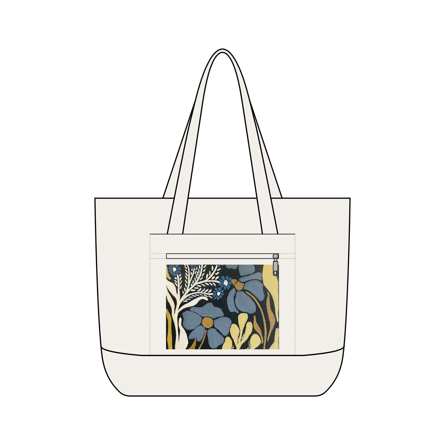 Canvas Tote Bag — Floral Zippered Front Pocket, Everyday Market & Beach Bag