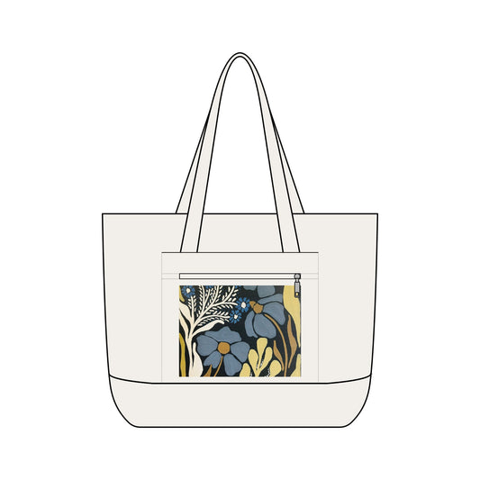 Canvas Tote Bag — Floral Zippered Front Pocket, Everyday Market & Beach Bag