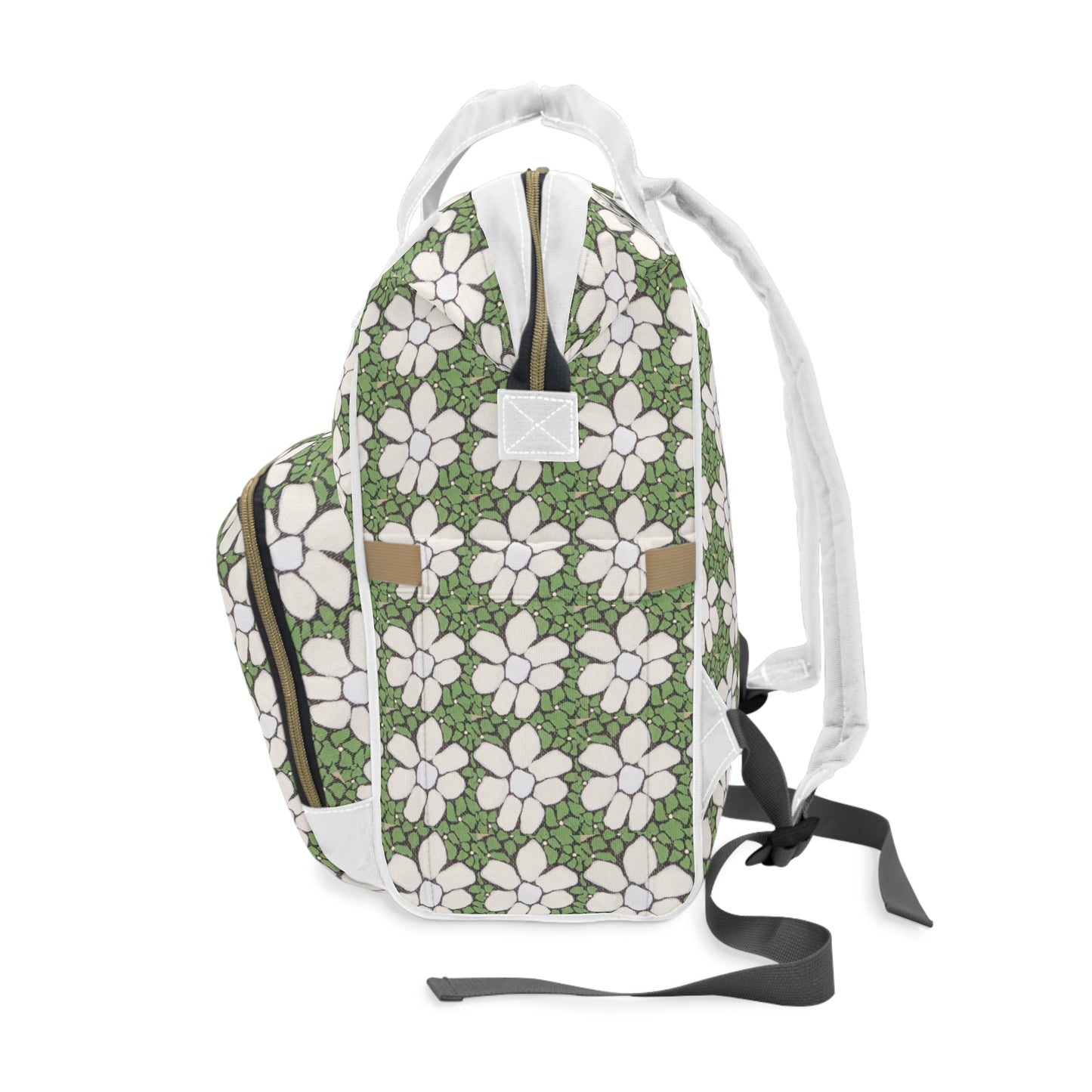 Green Floral Multifunctional Diaper Backpack — Spacious Baby Changing Bag with Multiple Pockets
