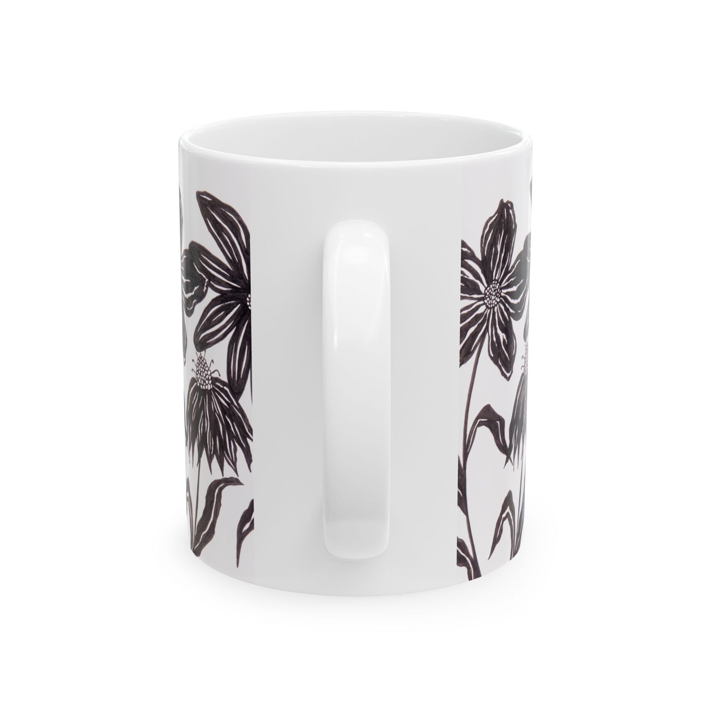 Black Ink Wildflower Ceramic Mug — Floral Hand-Drawn 11oz & 15oz Coffee Cup