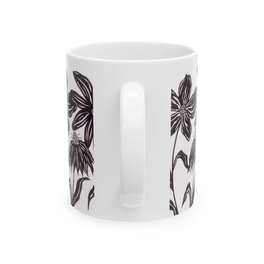 Black Ink Wildflower Ceramic Mug — Floral Hand-Drawn 11oz & 15oz Coffee Cup