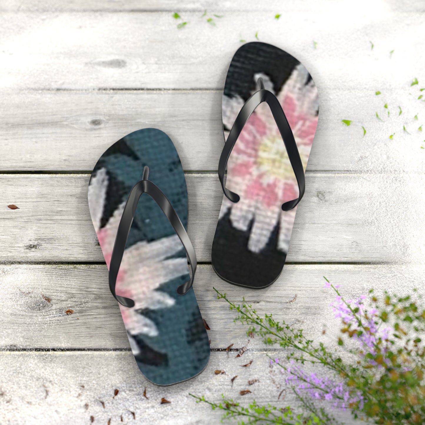 Wild Garden Reverie Beach Flip Flops — Pink Daisy Printed Summer Sandals