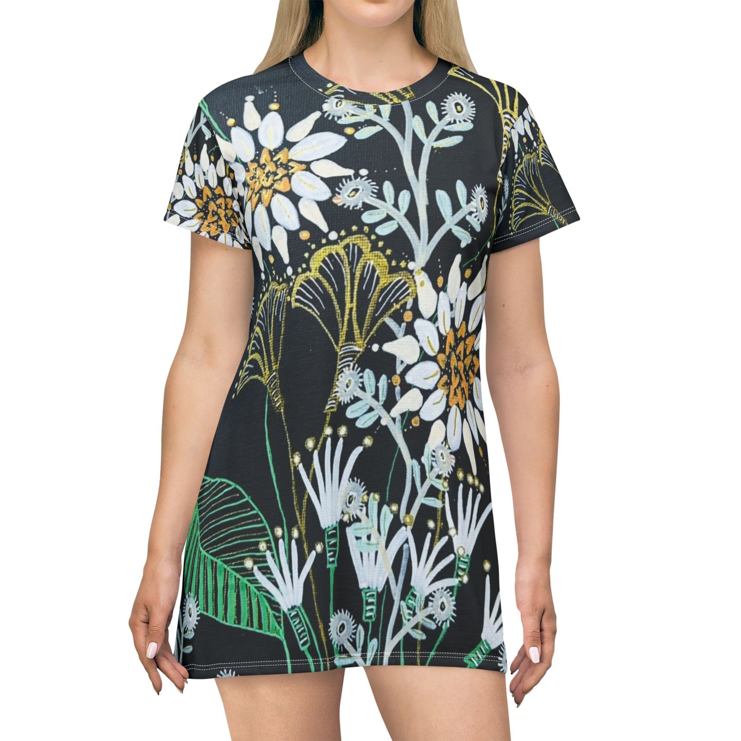 Golden Tangle Floral Meadow AOP T-Shirt Dress — White Daisies on Dark Botanical Print