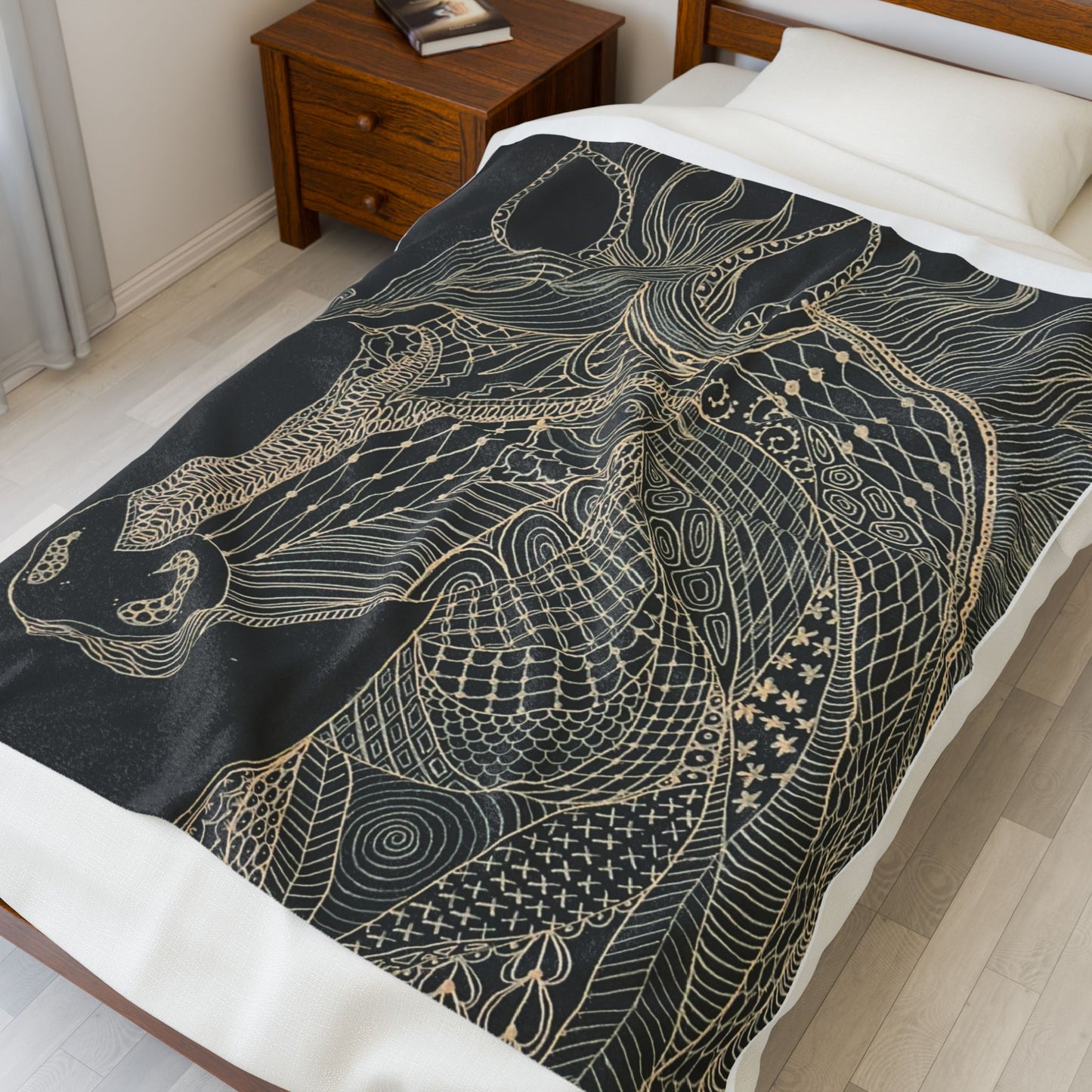 Boho Gold Linework Horse Velveteen Plush Blanket