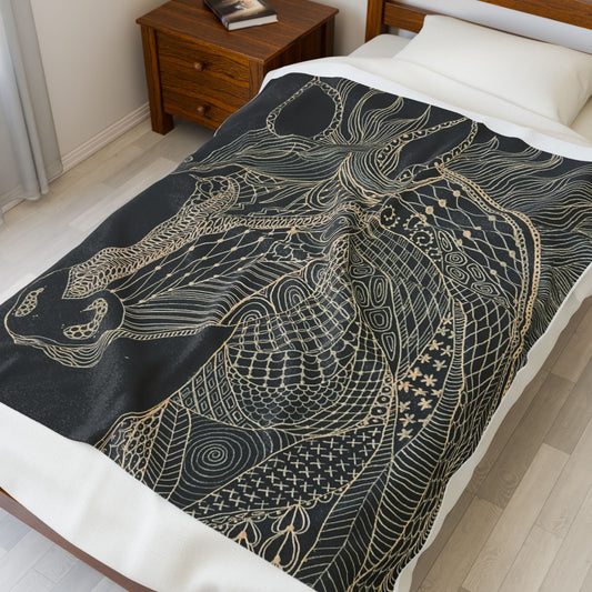 Boho Gold Linework Horse Velveteen Plush Blanket