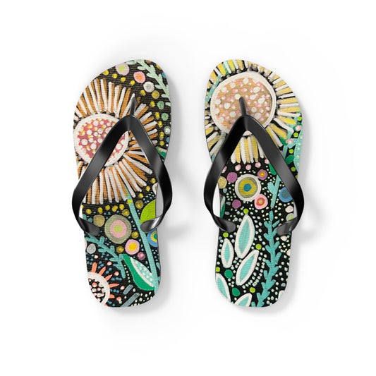 Dot Dot Bloom Flip Flops — Colorful Hand-Drawn Garden Sandals
