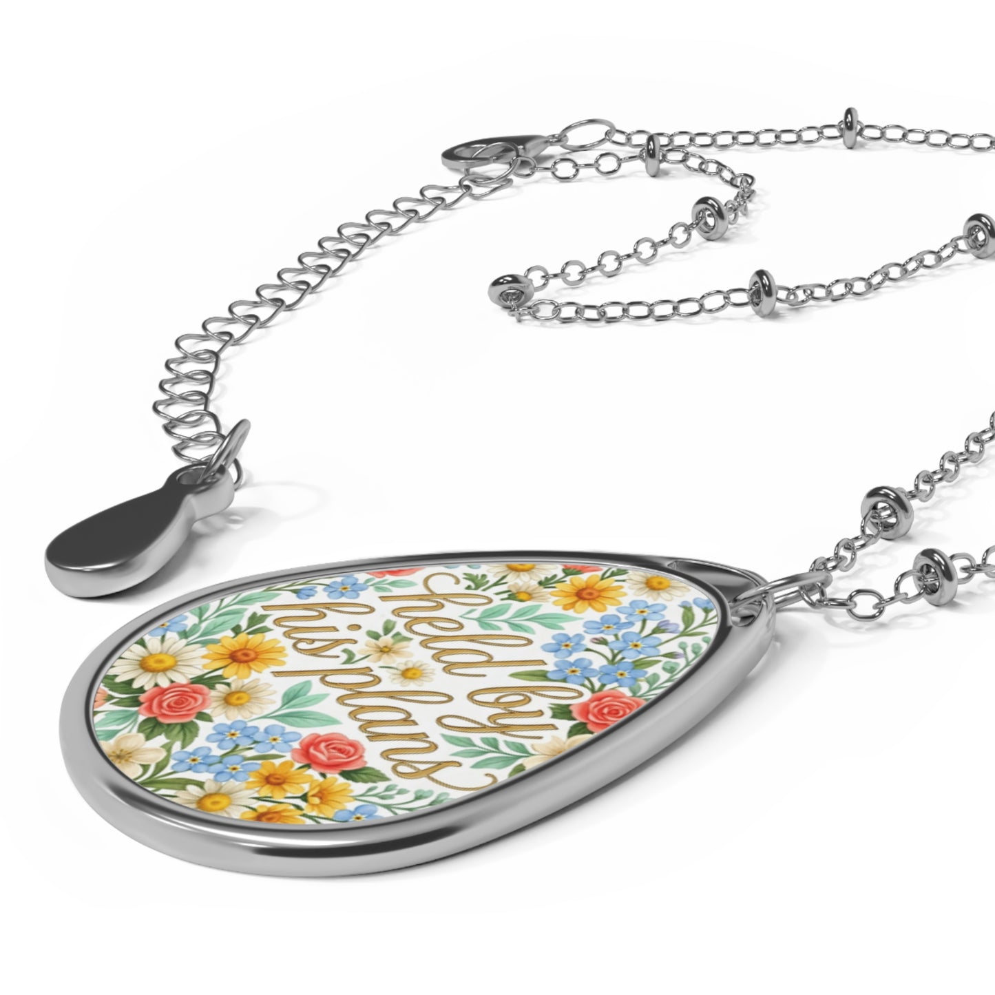 Oval Necklace - "Held By His Plans" Floral Inspirational Teardrop Pendant