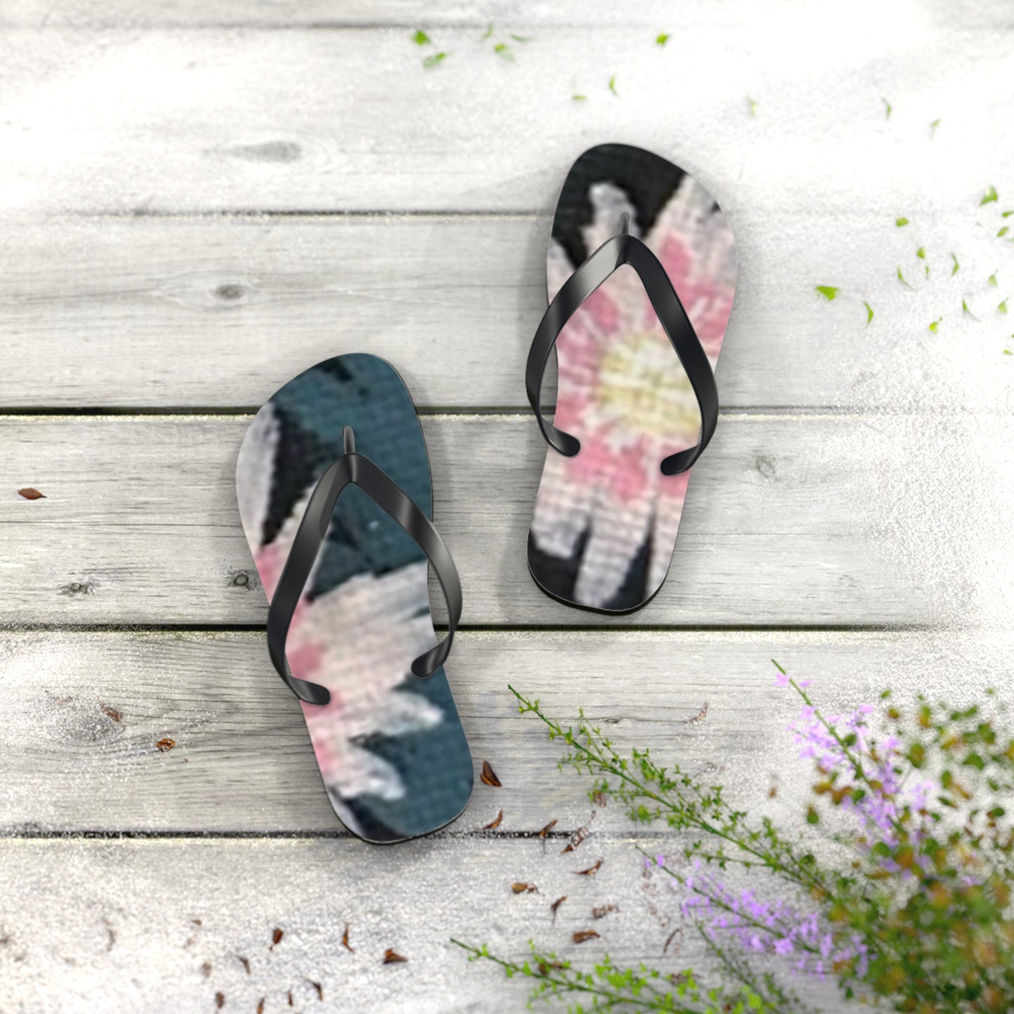 Wild Garden Reverie Beach Flip Flops — Pink Daisy Printed Summer Sandals