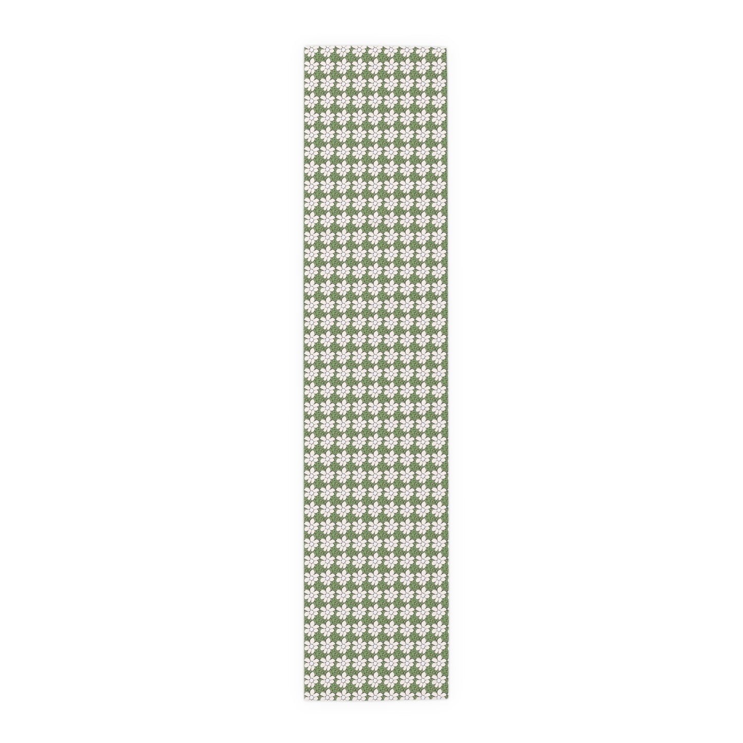 Green Floral Table Runner — White Daisy Pattern Cotton-Poly Dining Decor