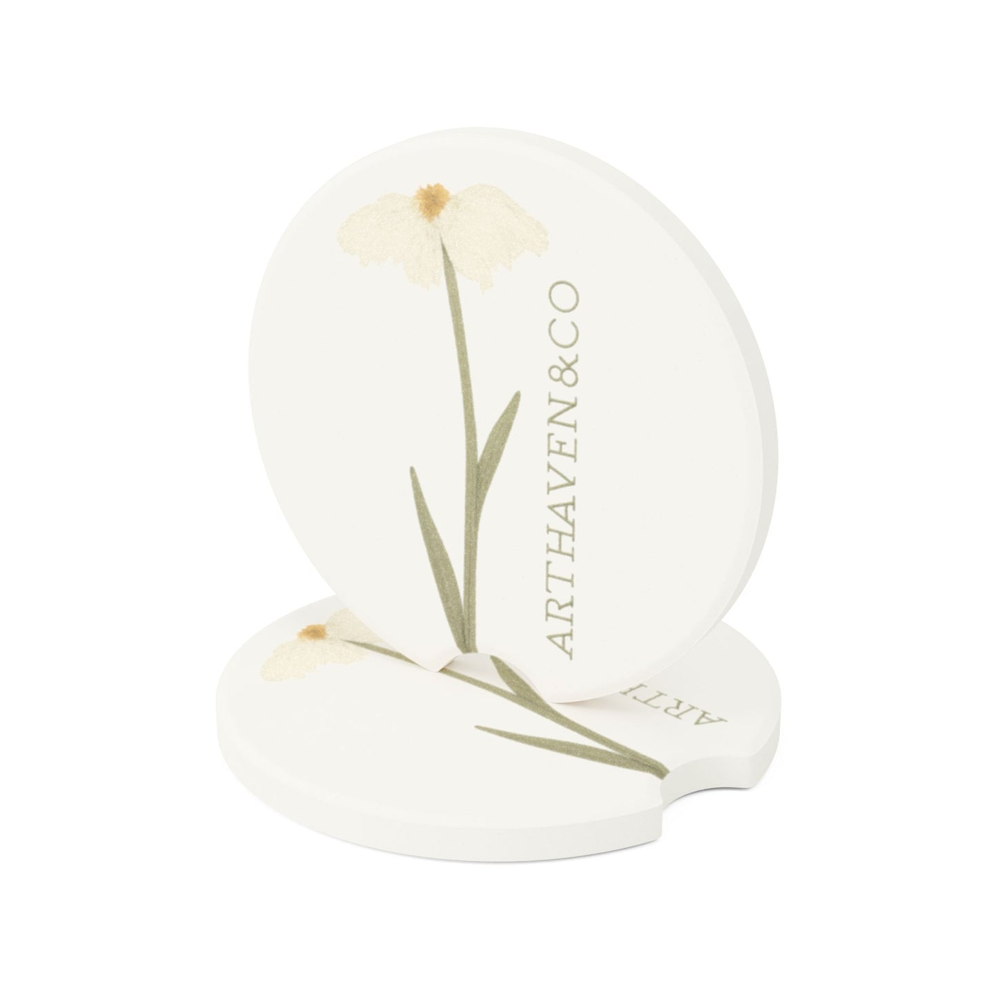 Floral Soapstone Car Coaster – Dainty White Daisy Design with ARTHAVEN&CO Accent