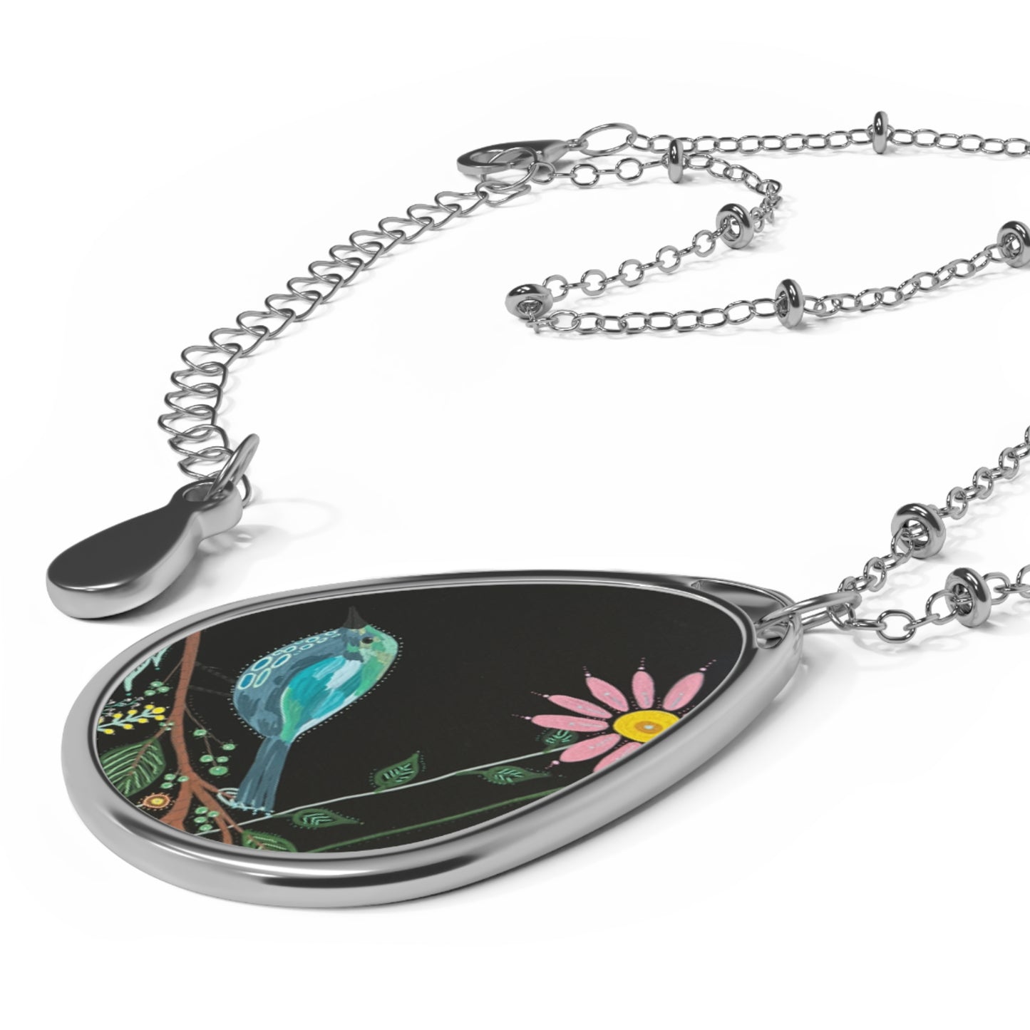 Oval Bird Pendant Necklace — Bluebird & Daisy Floral Teardrop Jewelry