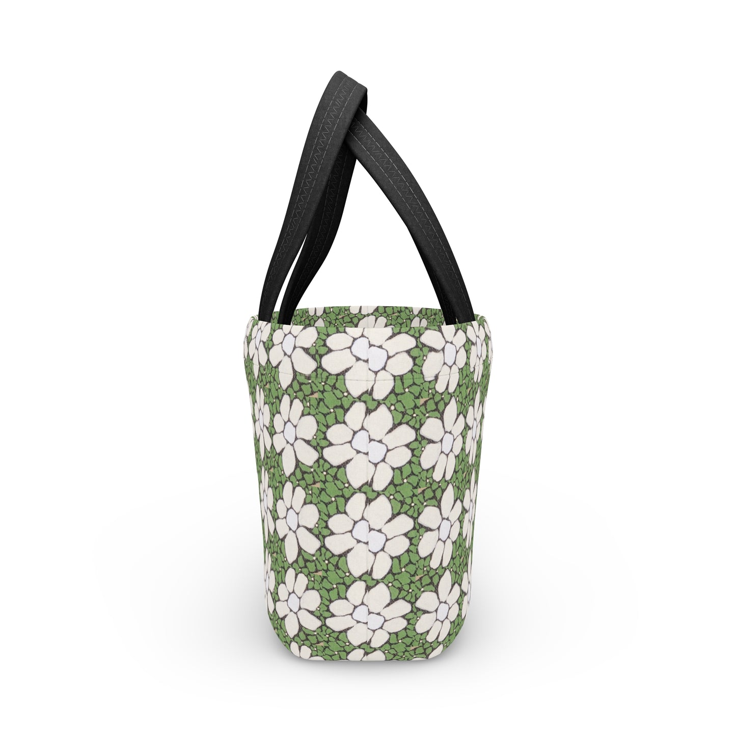 Floral Daisy Pattern Lunch Bag — Green White Retro Picnic Tote