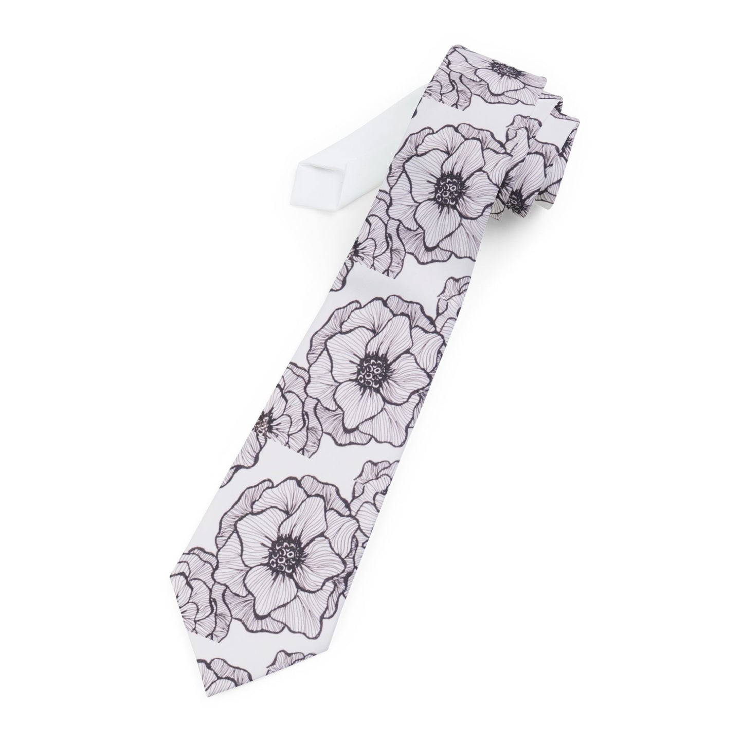 Floral Sketch Necktie — Black & White Poppy Pattern Men’s Tie for Weddings & Formal Wear