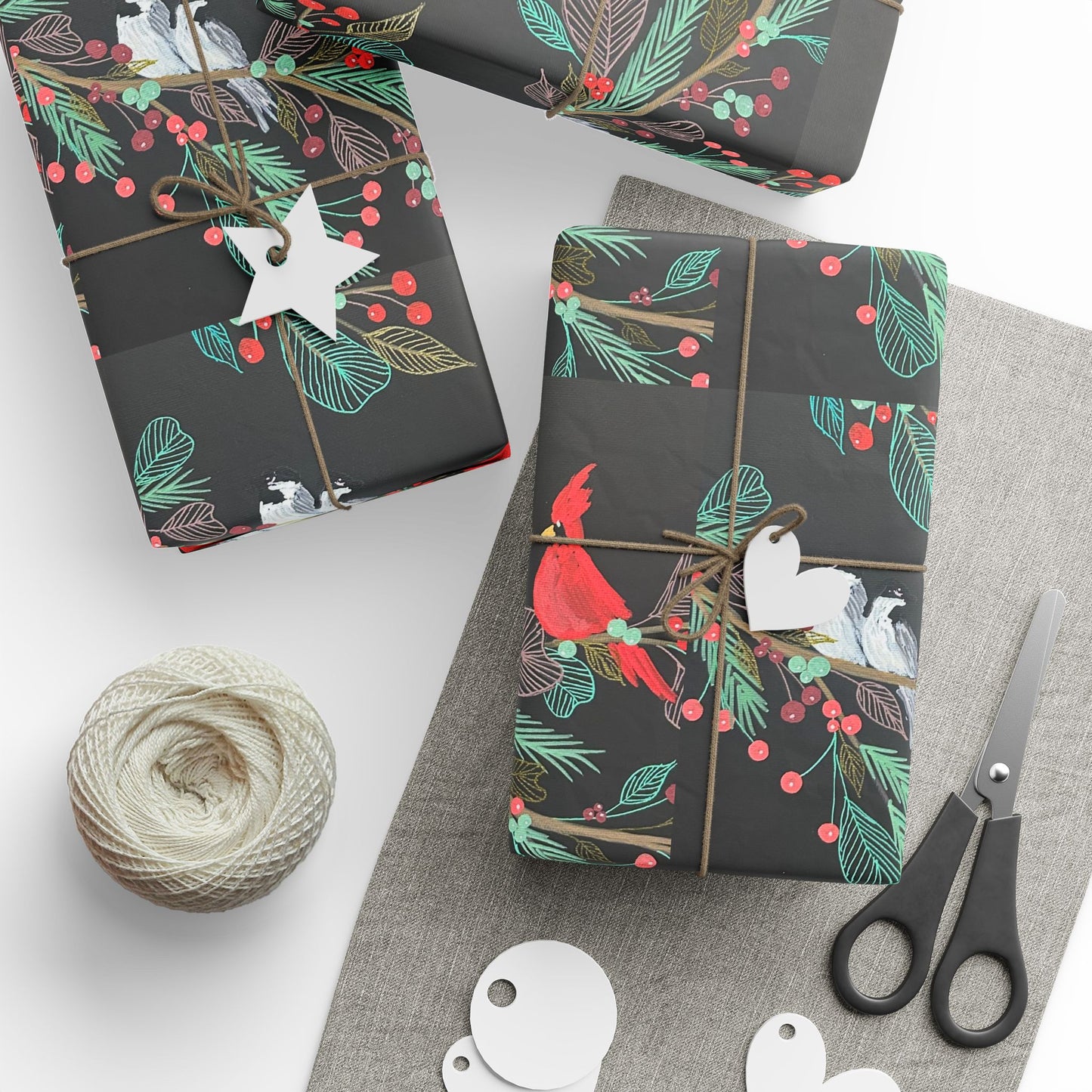 Holiday Cardinal & Chickadee Gift Wrap — Botanical Christmas Wrapping Paper