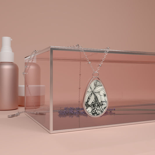 Ink spoken Floral Oval Pendant Necklace — Engravable Silver Teardrop Locket