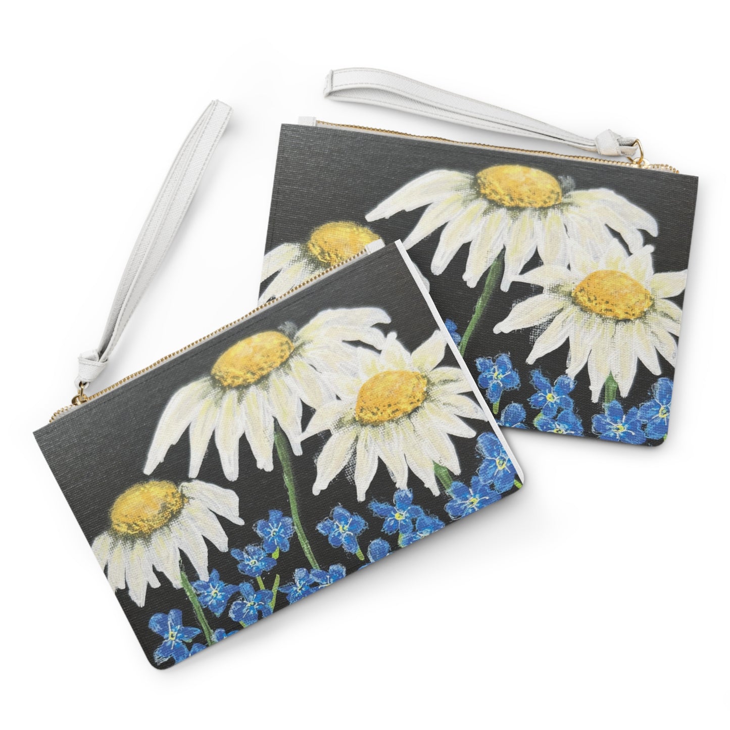 Daisy & Forget-Me-Not Floral Clutch Bag — Hand-Painted Meadow Wristlet