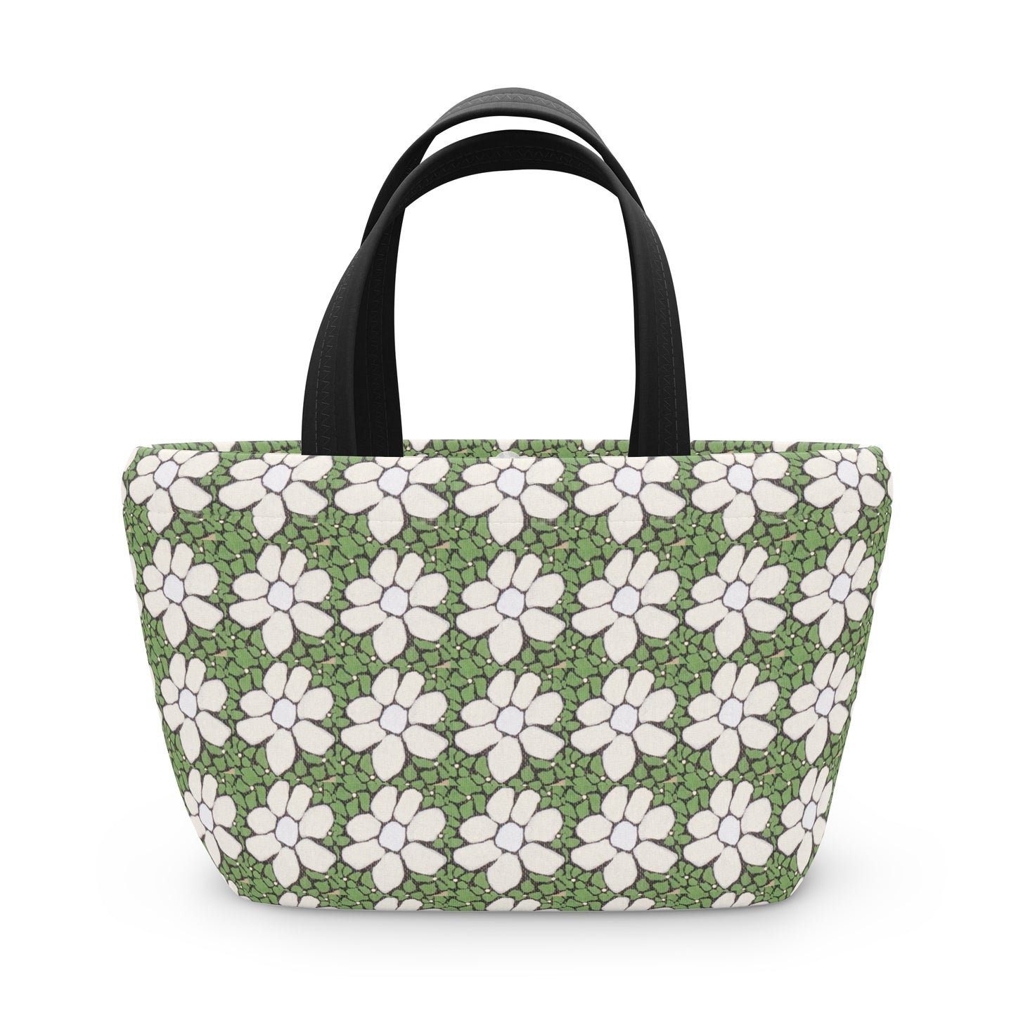 Floral Daisy Pattern Lunch Bag — Green White Retro Picnic Tote