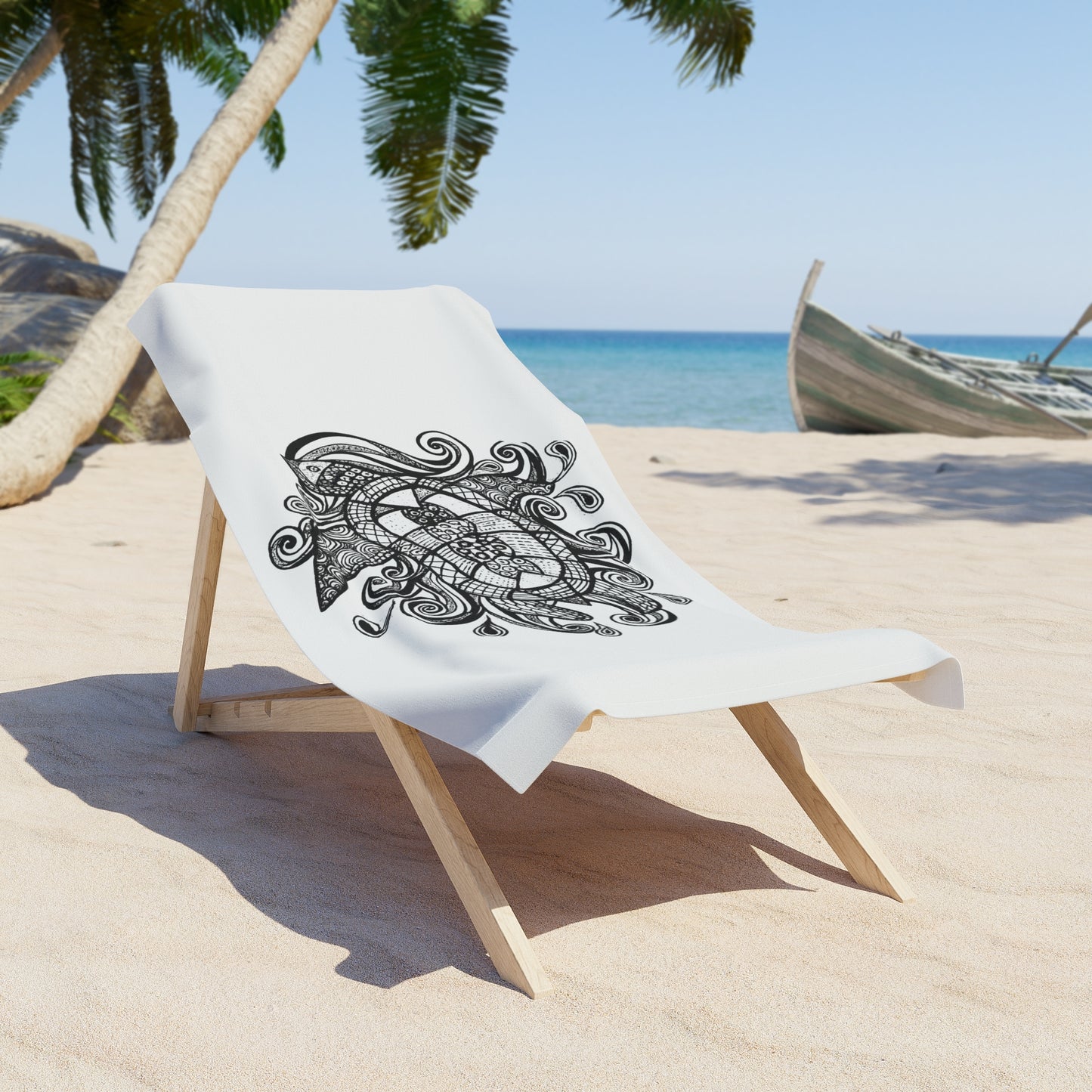 Ink Tide Turtle Doodle Beach Towel – Black & White Zentangle Sea Turtle Design