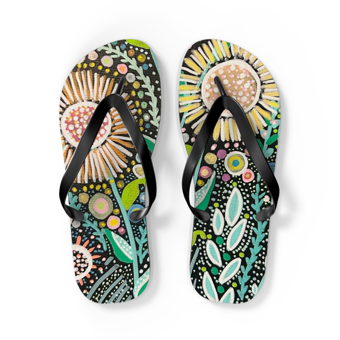 Dot Dot Bloom Flip Flops — Colorful Hand-Drawn Garden Sandals