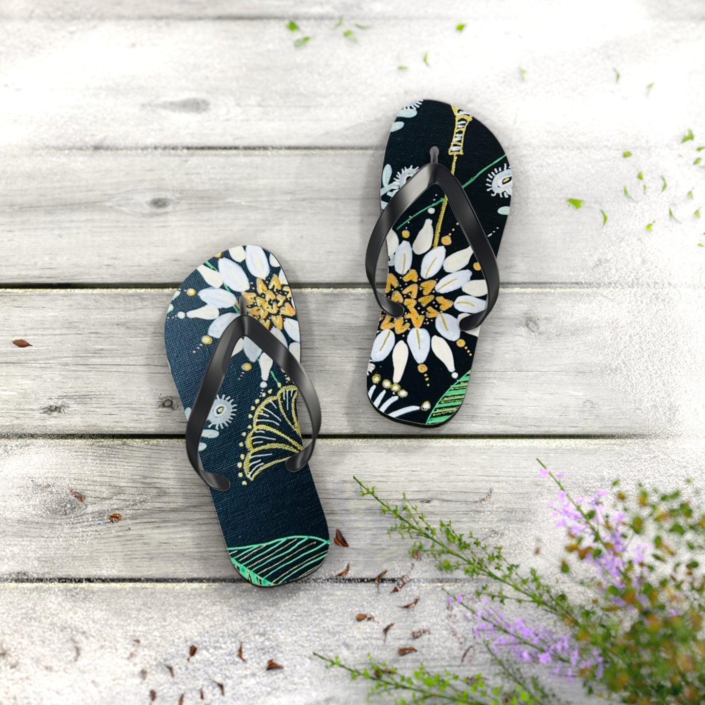 Golden Tangle Flip Flops —  Tropical Daisy Beach Sandals