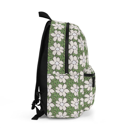 Daisy Meadow Backpack — Green Floral Pattern School & Everyday Bag