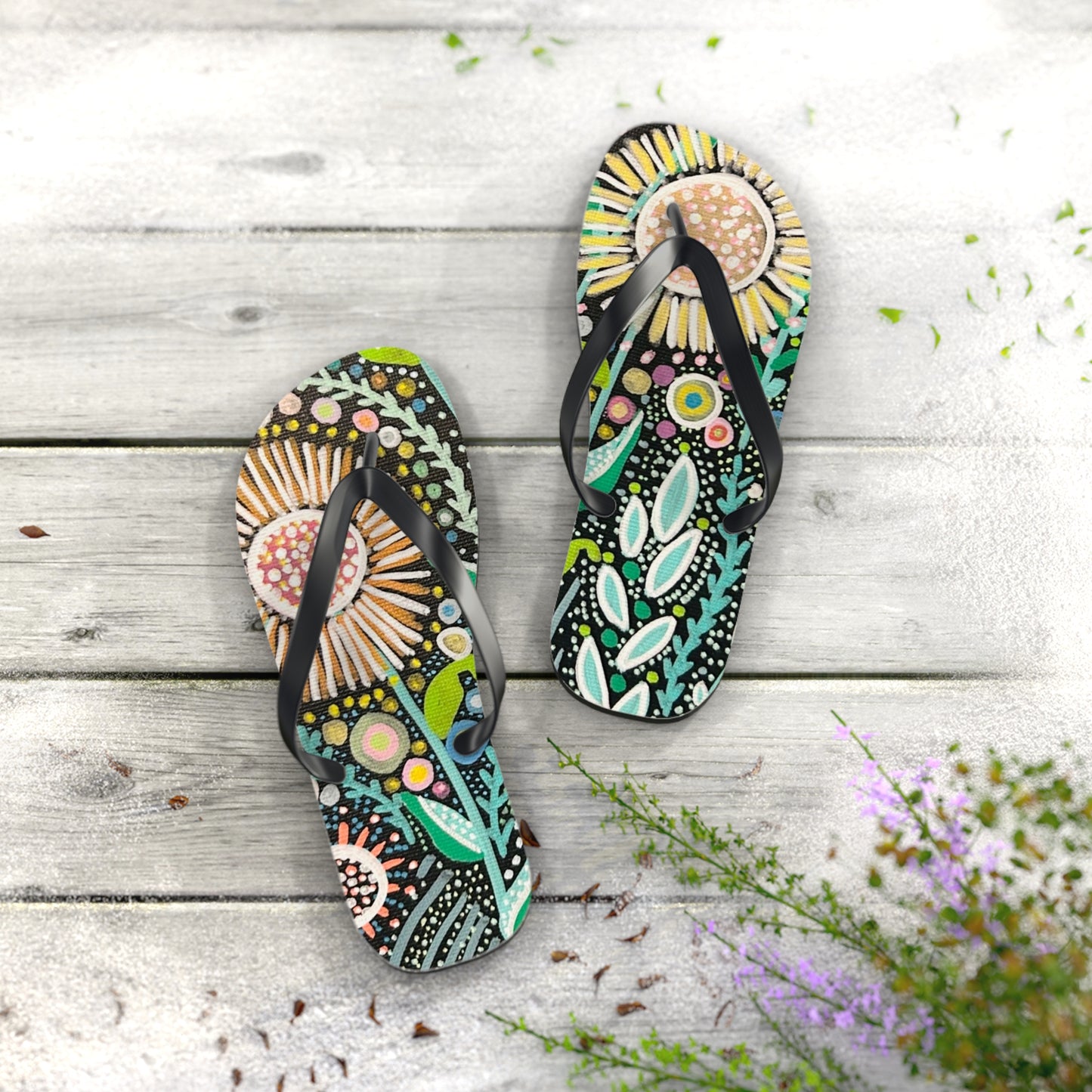 Dot Dot Bloom Flip Flops — Colorful Hand-Drawn Garden Sandals