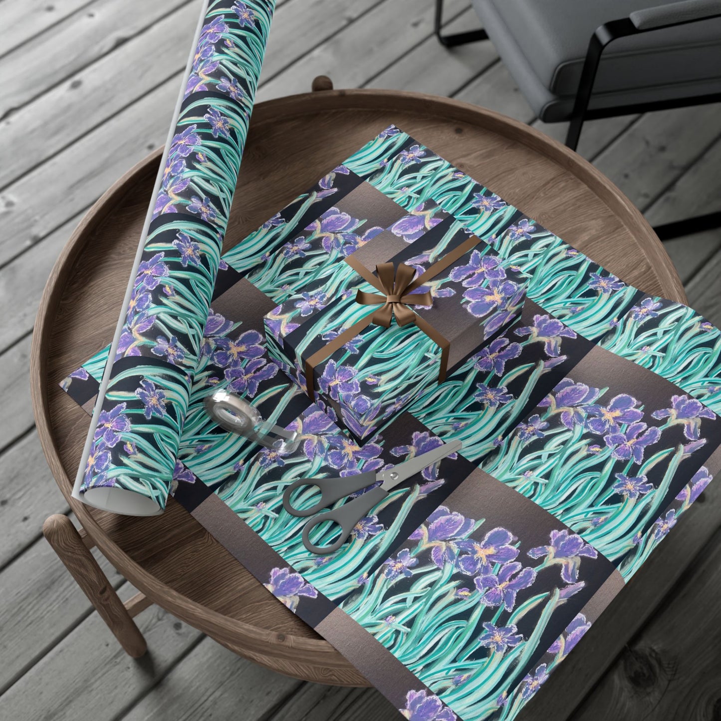 Floral Iris Gift Wrap Paper Roll — Purple & Teal Botanical Wrapping Paper