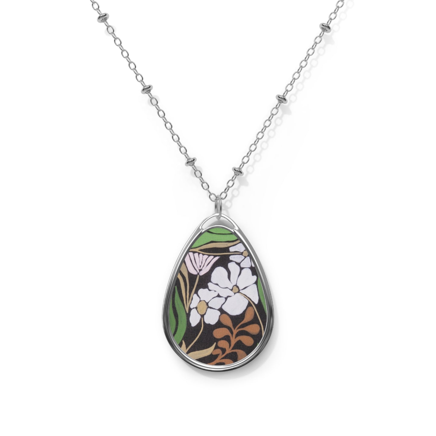 Garden moment Oval Pendant Necklace — Teardrop Silver Necklace with Botanical Print
