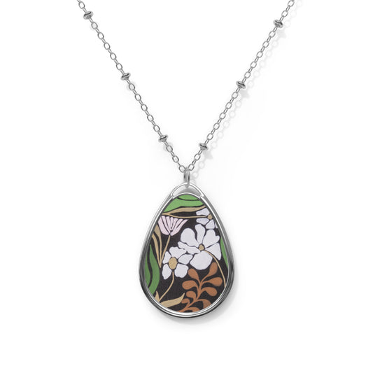 Garden moment Oval Pendant Necklace — Teardrop Silver Necklace with Botanical Print