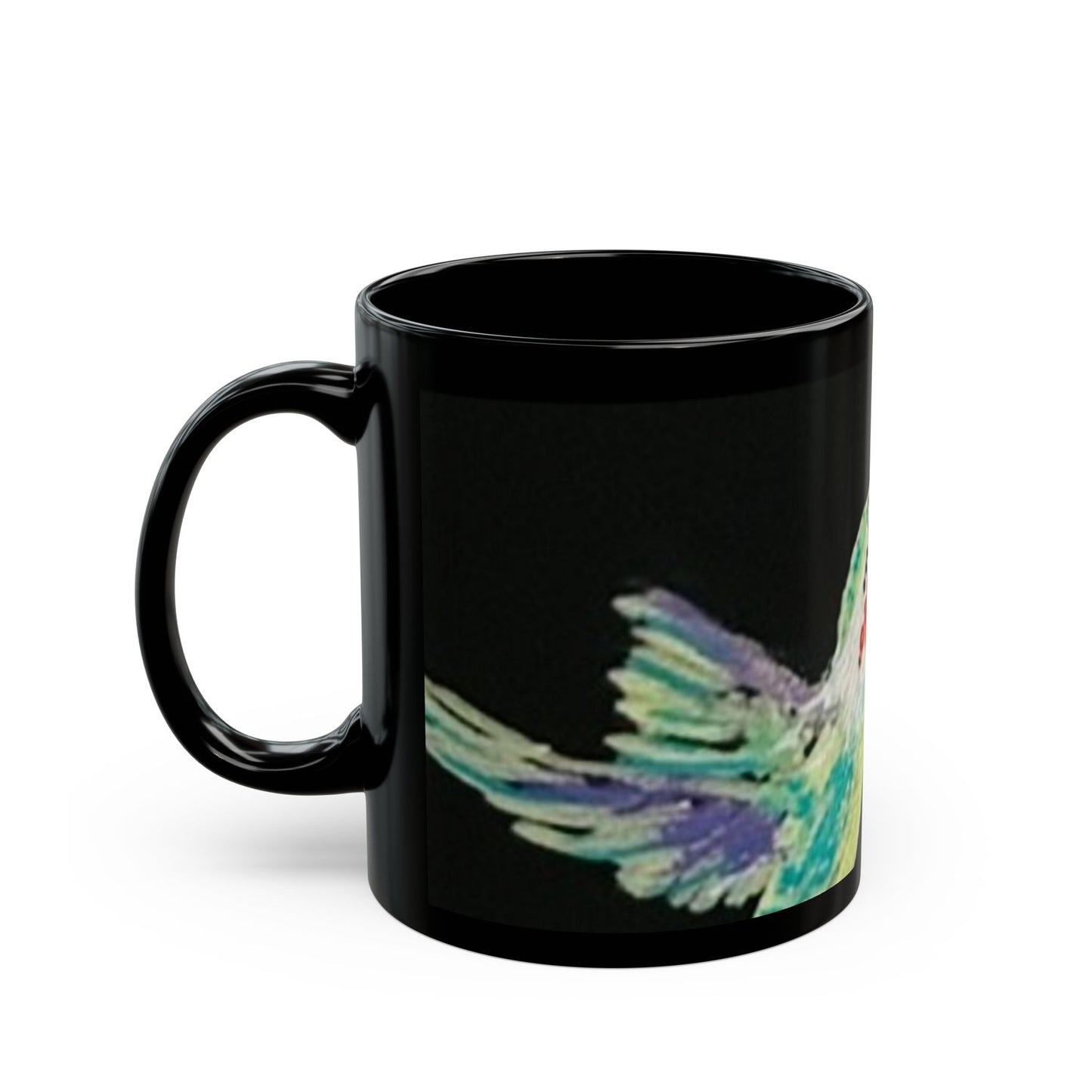 Hummingbird & Sunflower Black Ceramic Mug — 11oz/15oz