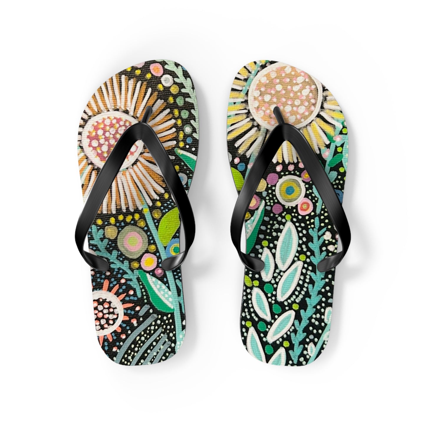 Dot Dot Bloom Flip Flops — Colorful Hand-Drawn Garden Sandals