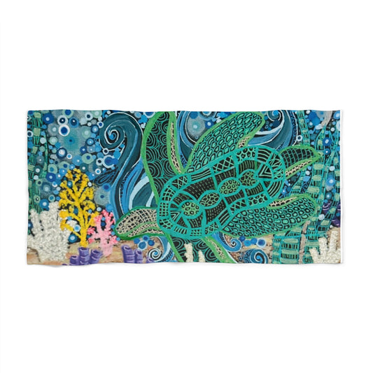 Sea Turtle Beach Towel — Nautical Ocean Coral Reef Design