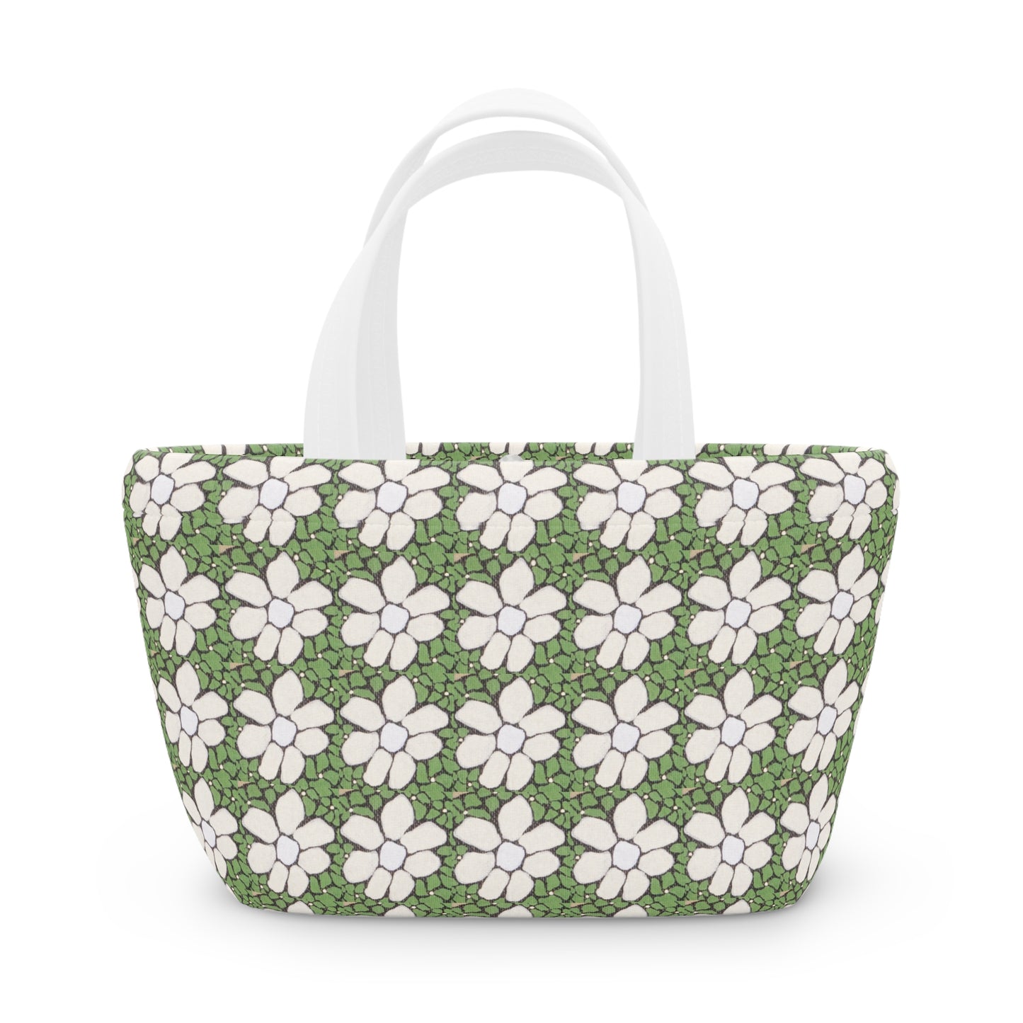 Floral Daisy Pattern Lunch Bag — Green White Retro Picnic Tote