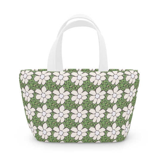 Floral Daisy Pattern Lunch Bag — Green White Retro Picnic Tote