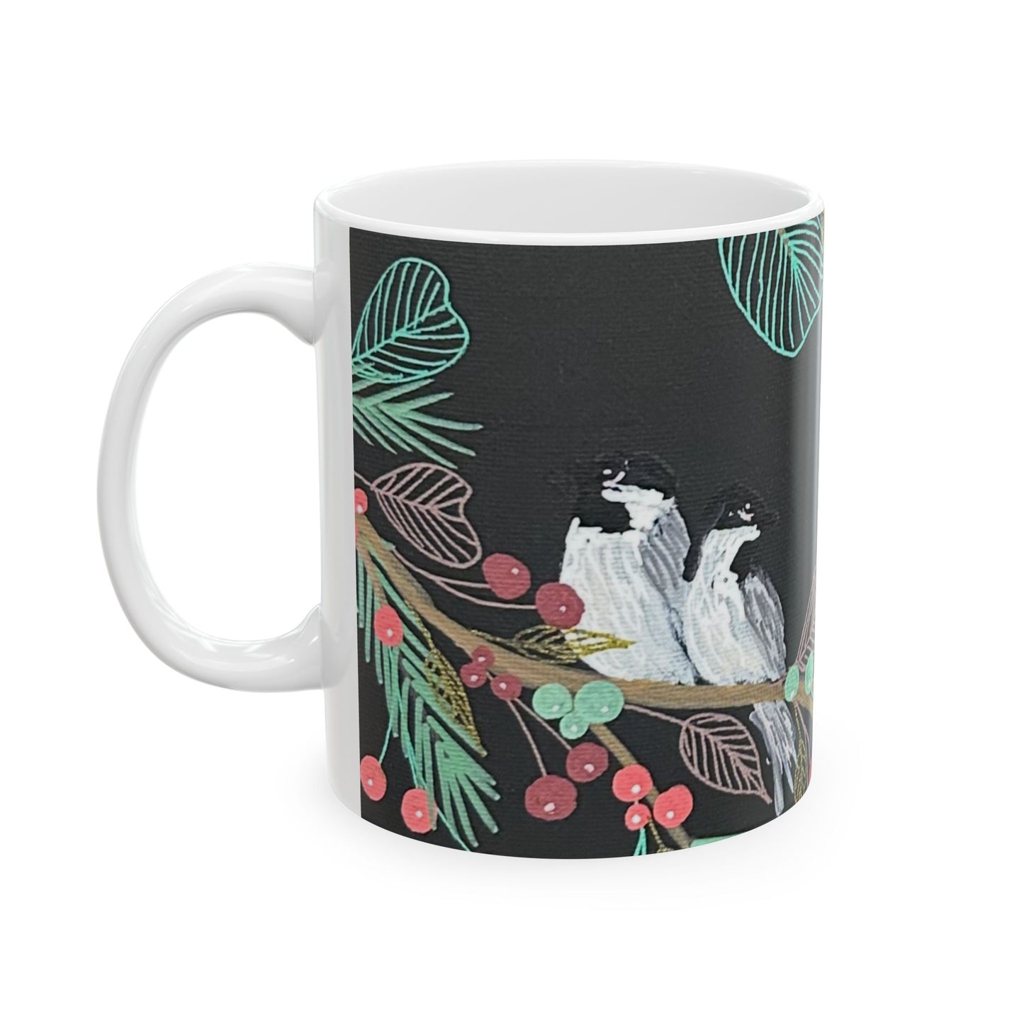 Botanical Bird Ceramic Mug — Black Floral Sparrow Coffee Cup (11oz & 15oz)