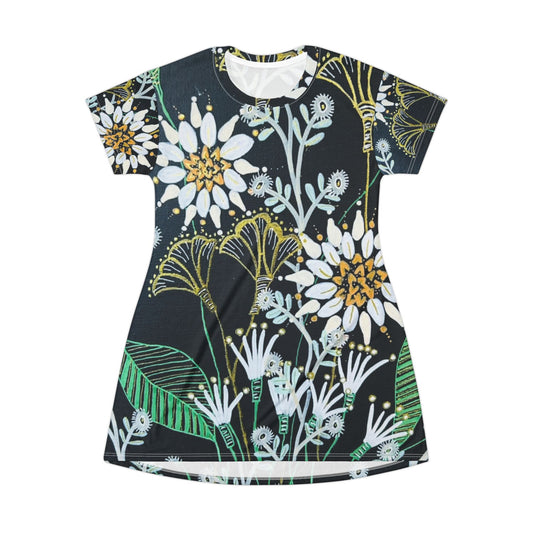 Golden Tangle Floral Meadow AOP T-Shirt Dress — White Daisies on Dark Botanical Print
