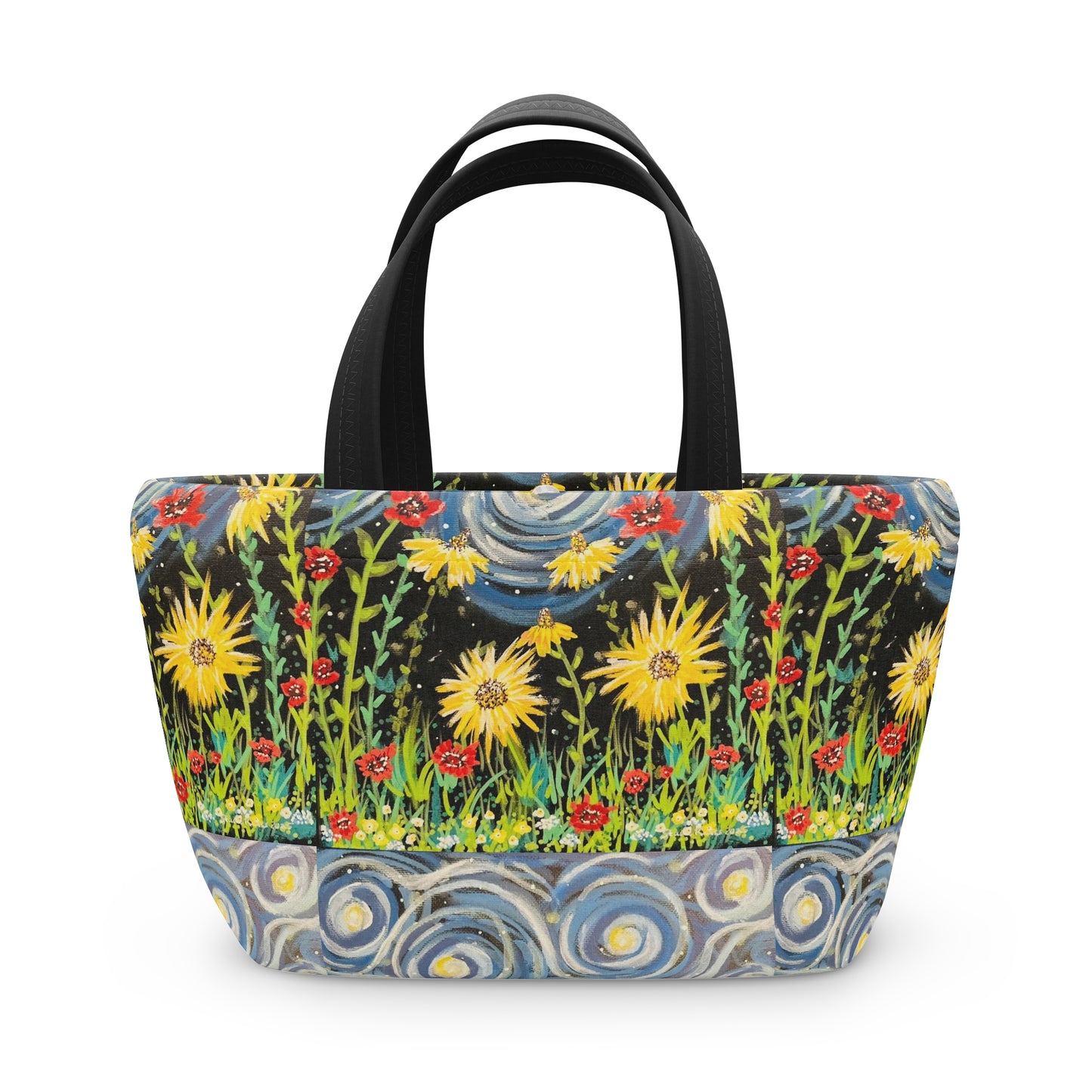 Floral Starry Sky Lunch Bag — Sunflower & Swirl Pattern Insulated Tote