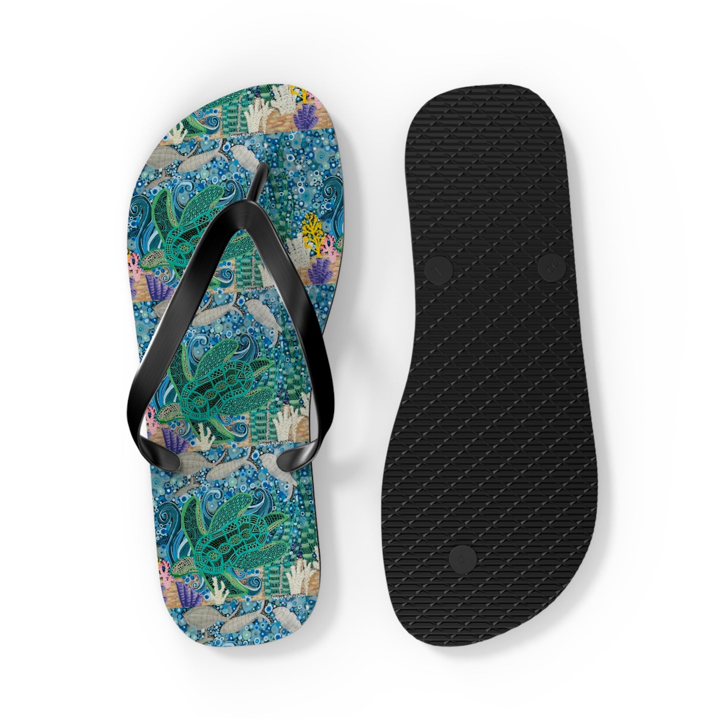 Tropical Sea Turtle Flip Flops — Beach Sandals with Coral Reef Print