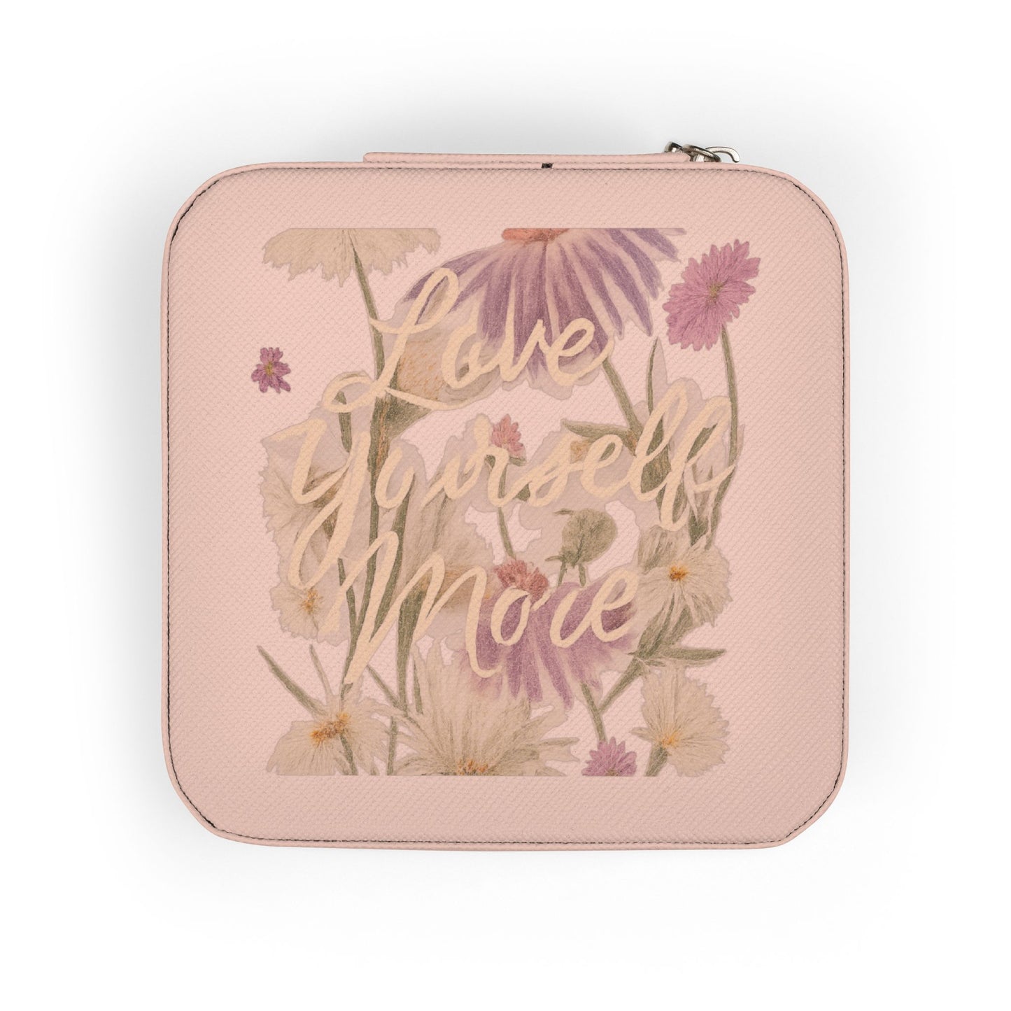 Floral 'Love yourself More' Compact Jewelry Travel Case — Portable Ring & Earring Organizer