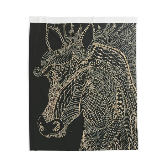 Boho Gold Linework Horse Velveteen Plush Blanket