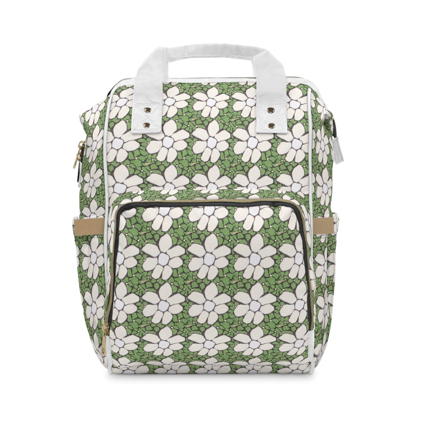 Green Floral Multifunctional Diaper Backpack — Spacious Baby Changing Bag with Multiple Pockets