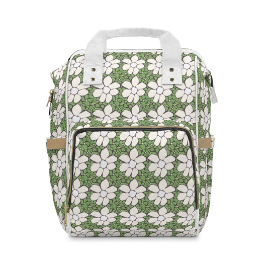 Green Floral Multifunctional Diaper Backpack — Spacious Baby Changing Bag with Multiple Pockets