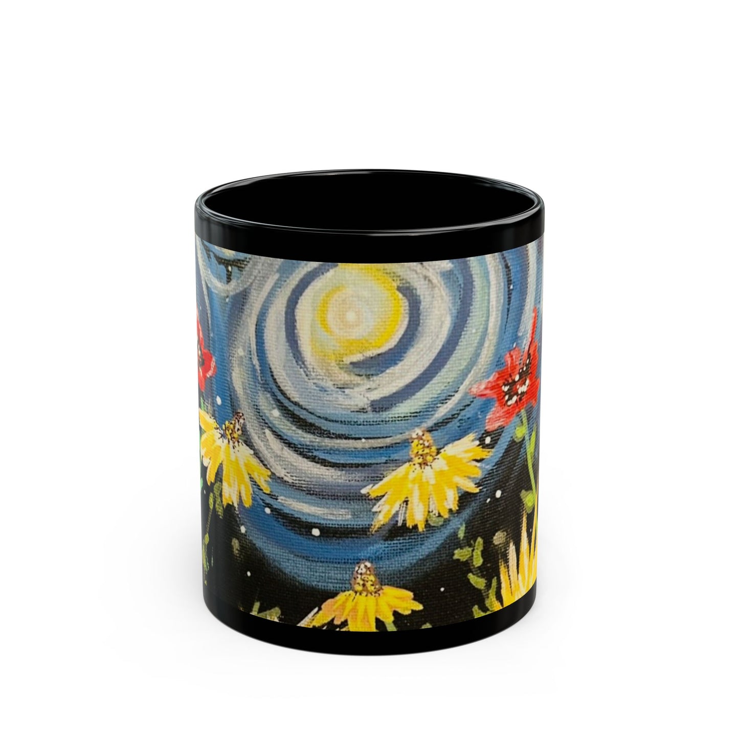 Starry Night Wildflower Black Mug – Floral Moonlight Coffee Cup (11oz & 15oz)