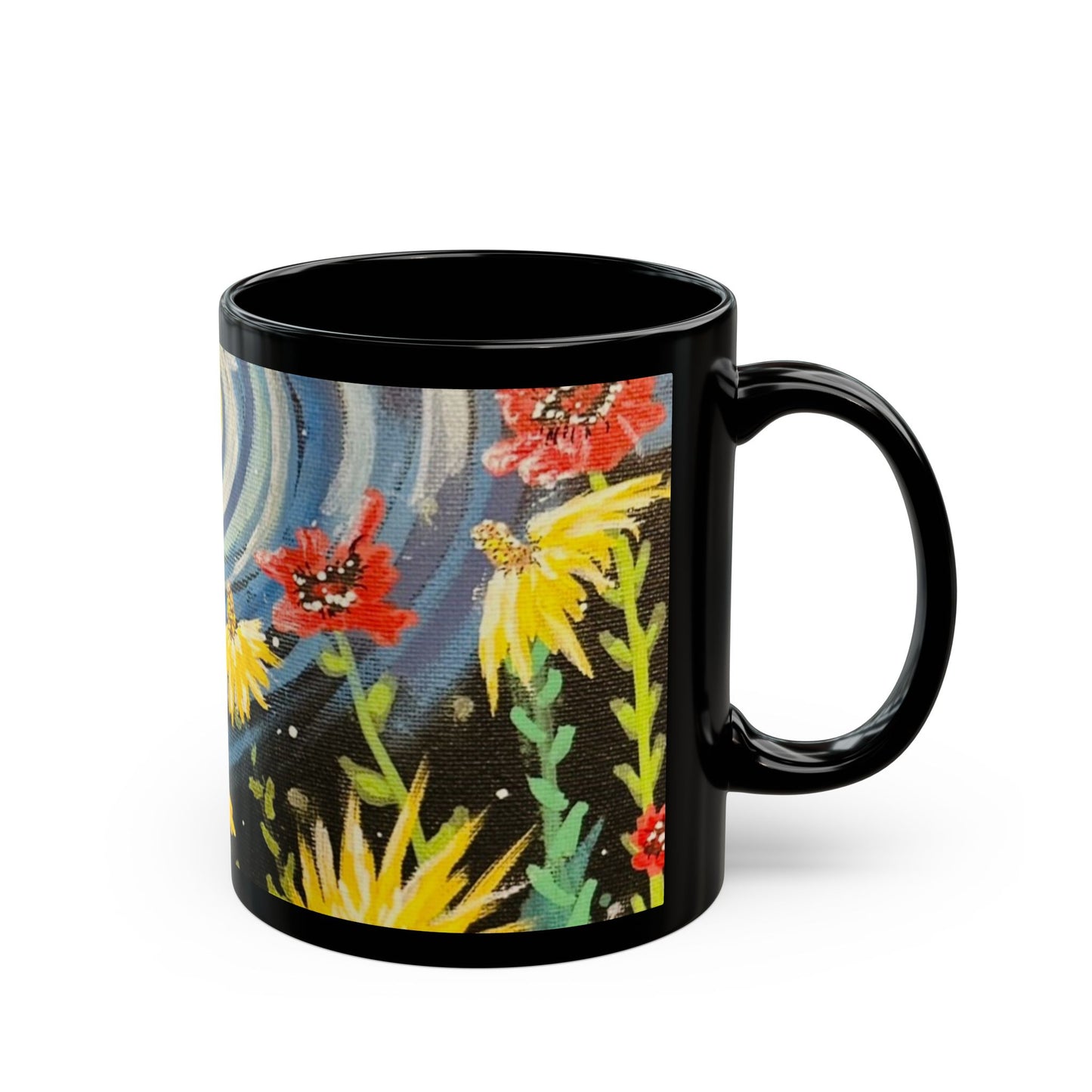 Starry Night Wildflower Black Mug – Floral Moonlight Coffee Cup (11oz & 15oz)