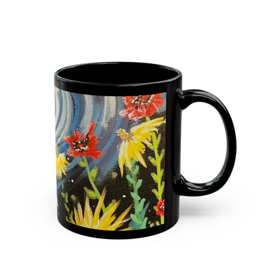 Starry Night Wildflower Black Mug – Floral Moonlight Coffee Cup (11oz & 15oz)